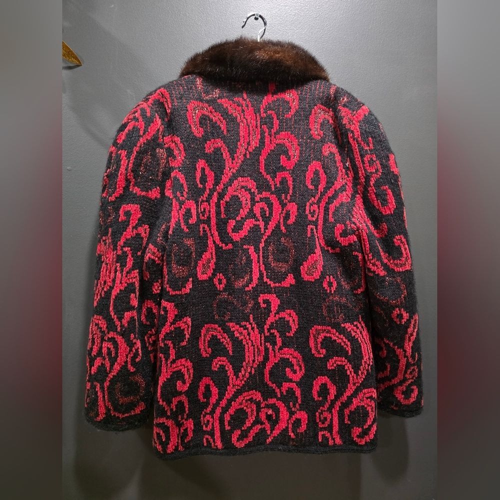 Vtg Red Black Gold Shimmer Coatigan Quilted Lined Cardigan Blazer Fur Collar - Picture 9 of 14